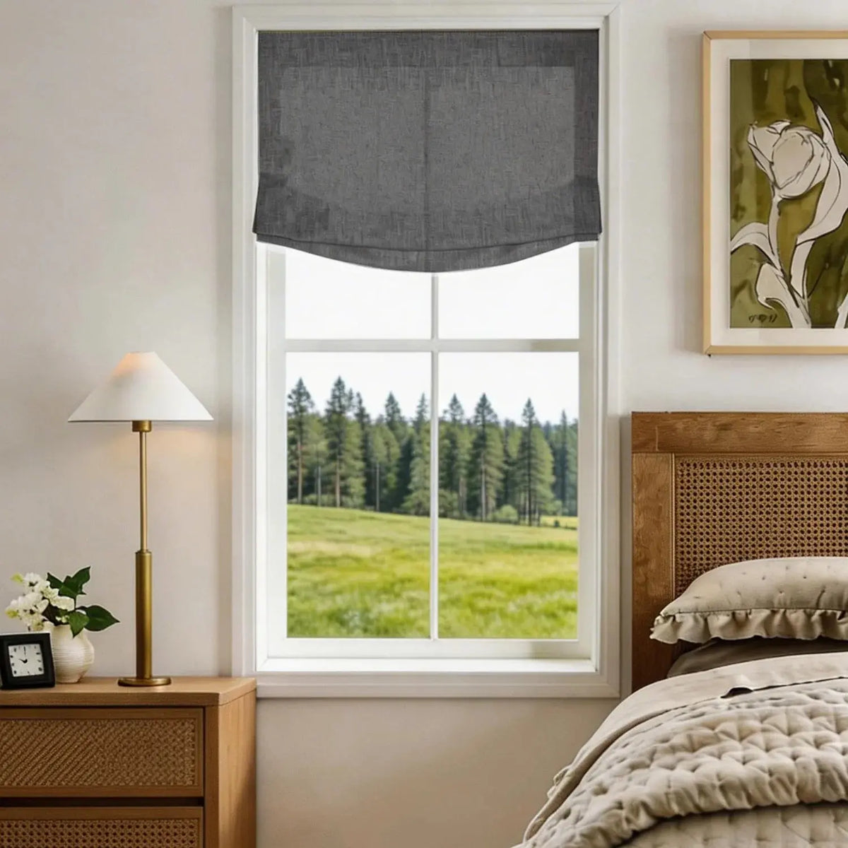 View Tailor Lemon Custom Poly-Linen Wooden-Headrail Cordless Roman Shade Relaxed Fold Carbon Grey 1908-16
