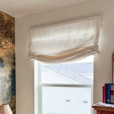 Lemon Wooden-Headrail Cordless Poly-Linen Roman Shade Relaxed Fold View Tailor