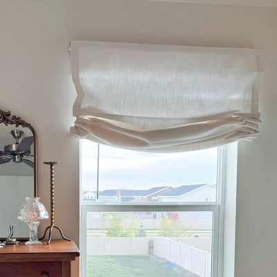Lemon Wooden-Headrail Cordless Poly-Linen Roman Shade Relaxed Fold View Tailor