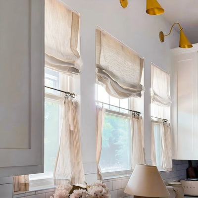 Lemon Wooden-Headrail Cordless Poly-Linen Roman Shade Relaxed Fold View Tailor