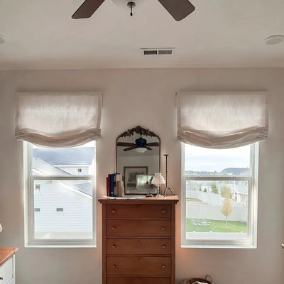 View Tailor Lemon Custom Poly-Linen Wooden-Headrail Cordless Roman Shade Relaxed Fold