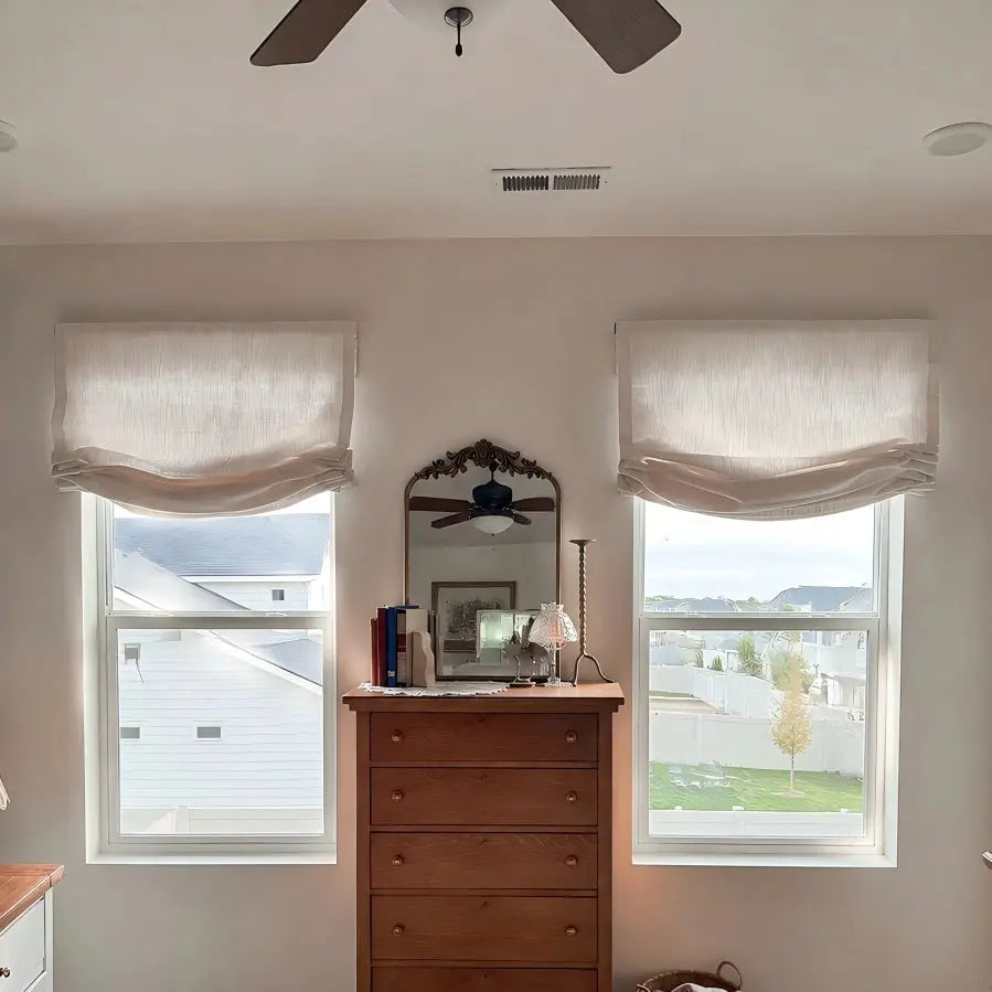 View Tailor Lemon Custom Poly-Linen Wooden-Headrail Cordless Roman Shade Relaxed Fold
