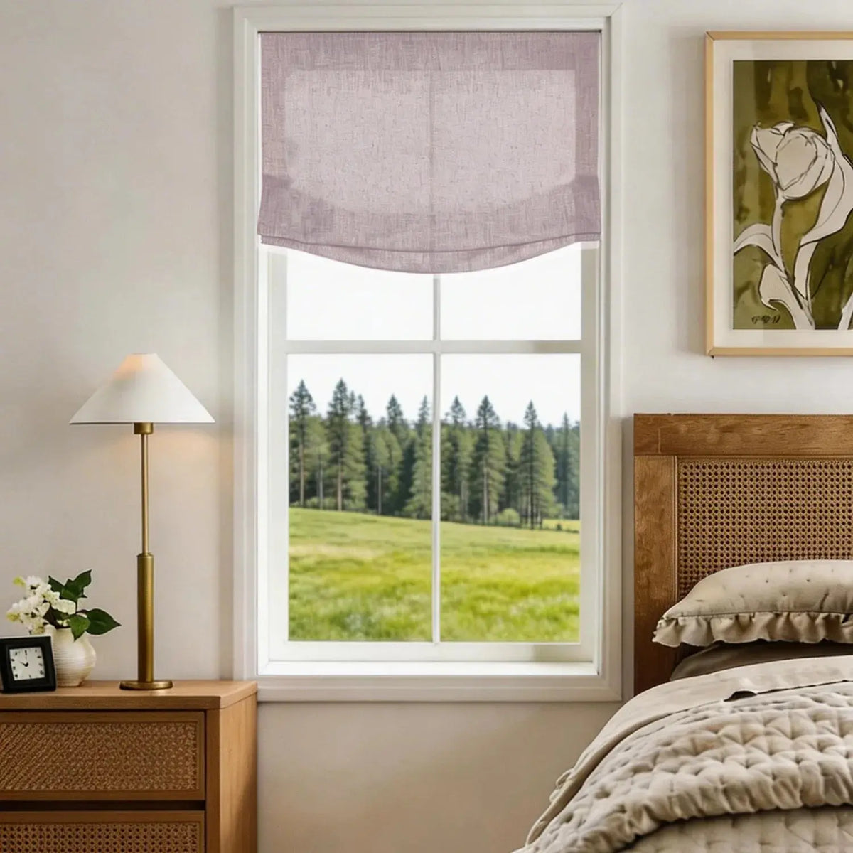 View Tailor Lemon Custom Poly-Linen Wooden-Headrail Cordless Roman Shade Relaxed Fold Parchment 1908-20
