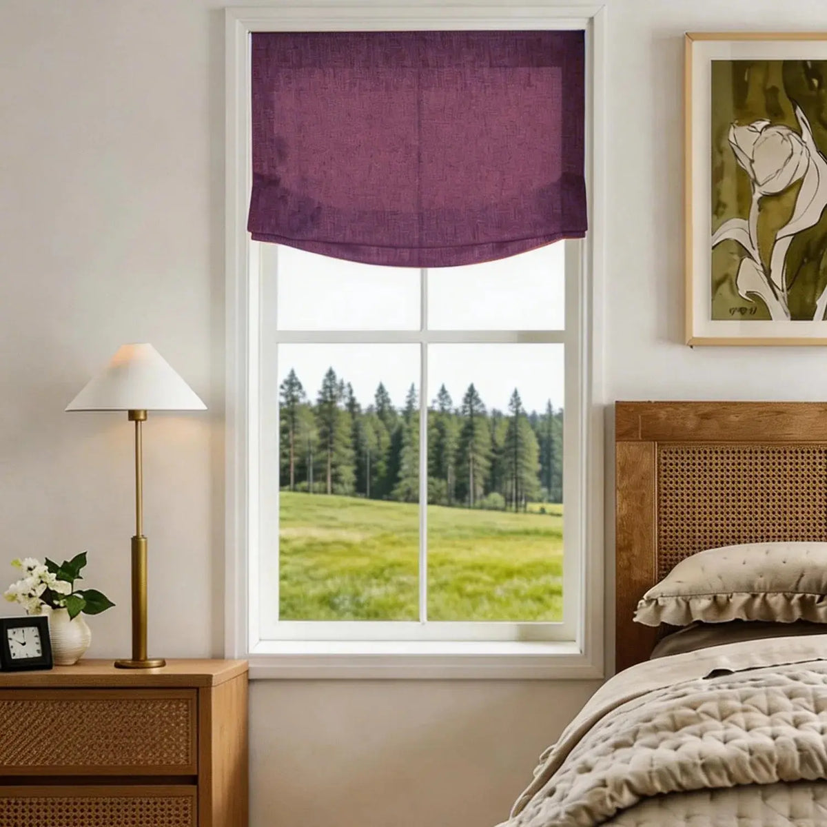 View Tailor Lemon Custom Poly-Linen Wooden-Headrail Cordless Roman Shade Relaxed Fold Plum 1908-21