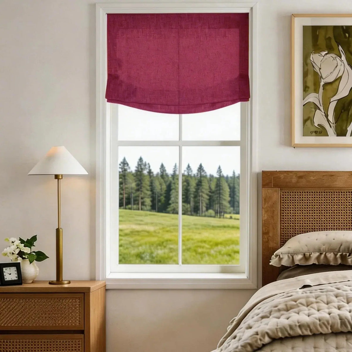 View Tailor Lemon Custom Poly-Linen Wooden-Headrail Cordless Roman Shade Relaxed Fold Red Wine 1908-23