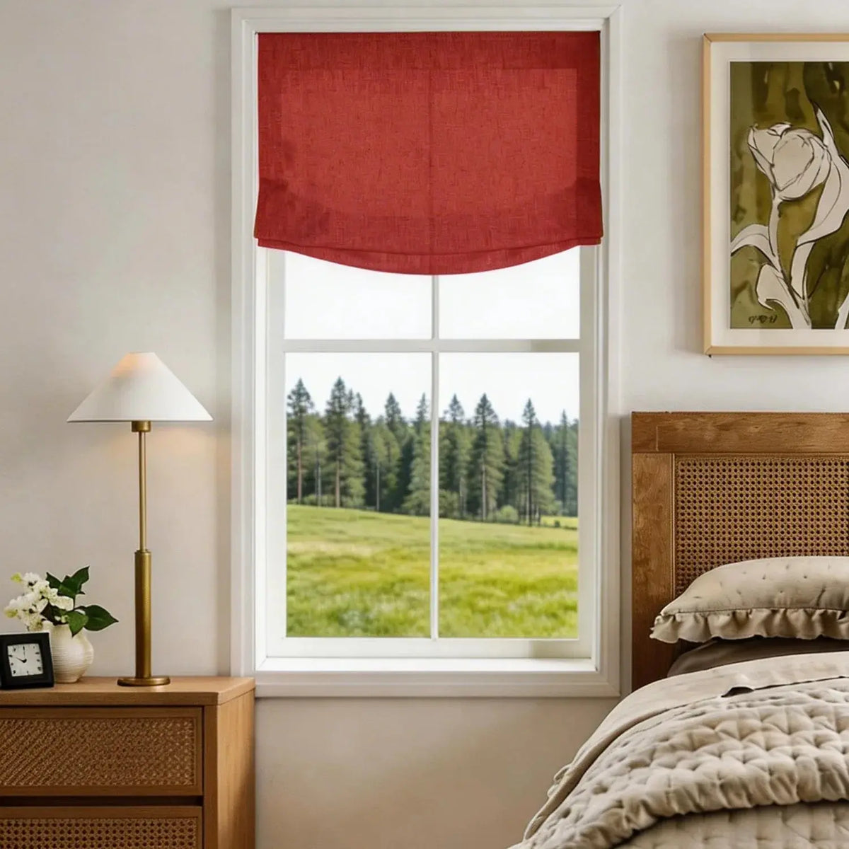 View Tailor Lemon Custom Poly-Linen Wooden-Headrail Cordless Roman Shade Relaxed Fold Firebrick 1908-25