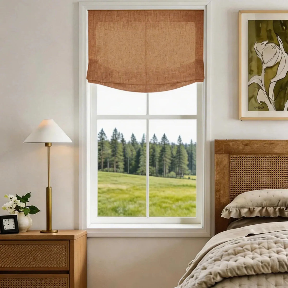 View Tailor Lemon Custom Poly-Linen Wooden-Headrail Cordless Roman Shade Relaxed Fold Orange Copper 1908-26
