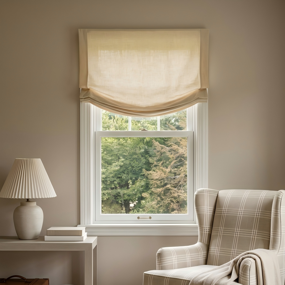 View Tailor Custom Lemon Poly-Linen Roman Shade Relaxed Fold All Options
