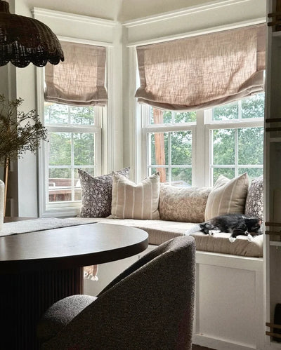 Lemon Wooden-Headrail Cordless Poly-Linen Roman Shade Relaxed Fold View Tailor