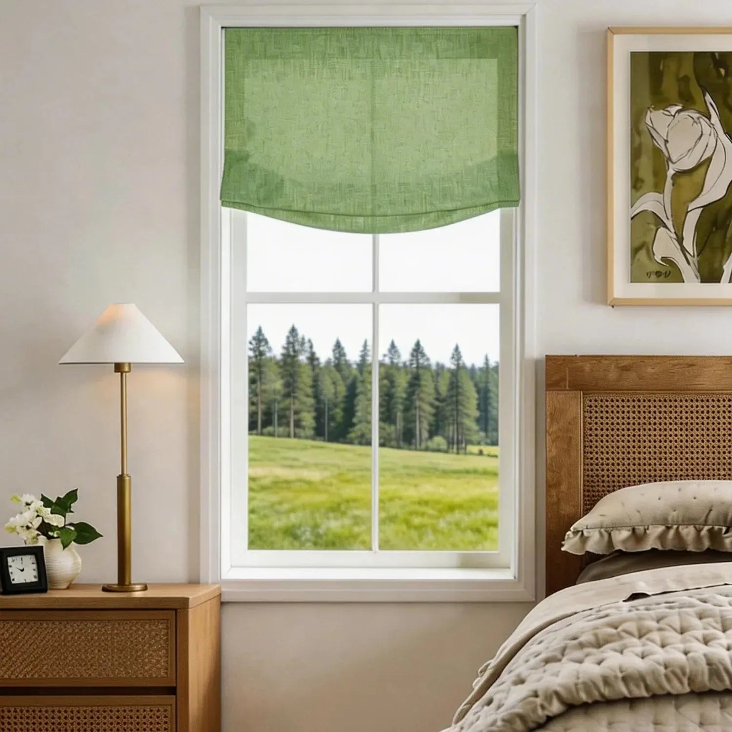 View Tailor Lemon Wooden-Headrail Cordless Poly-Linen Roman Shade Relaxed Fold Green 1908-30