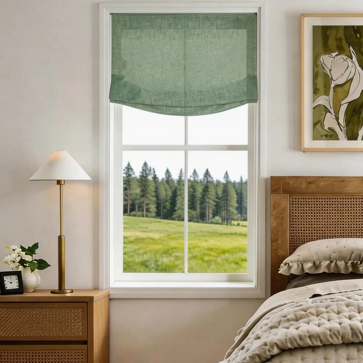 View Tailor Lemon Custom Poly-Linen Wooden-Headrail Cordless Roman Shade Relaxed Fold Lagoon 1908-32