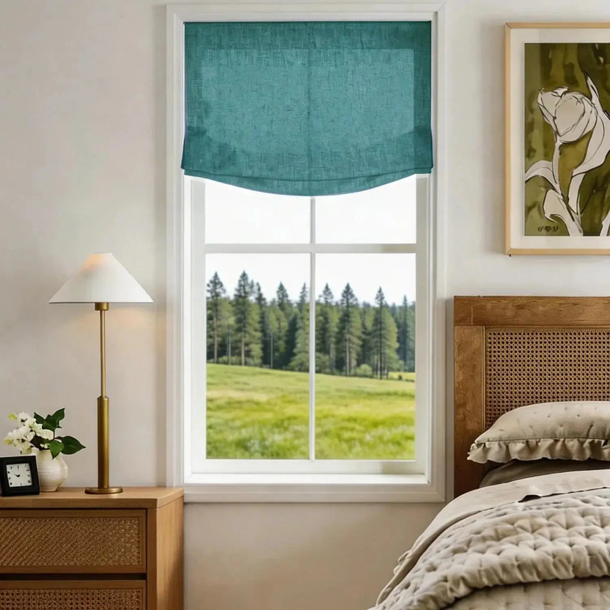 View Tailor Lemon Custom Poly-Linen Wooden-Headrail Cordless Roman Shade Relaxed Fold Everglade Teal 1908-34