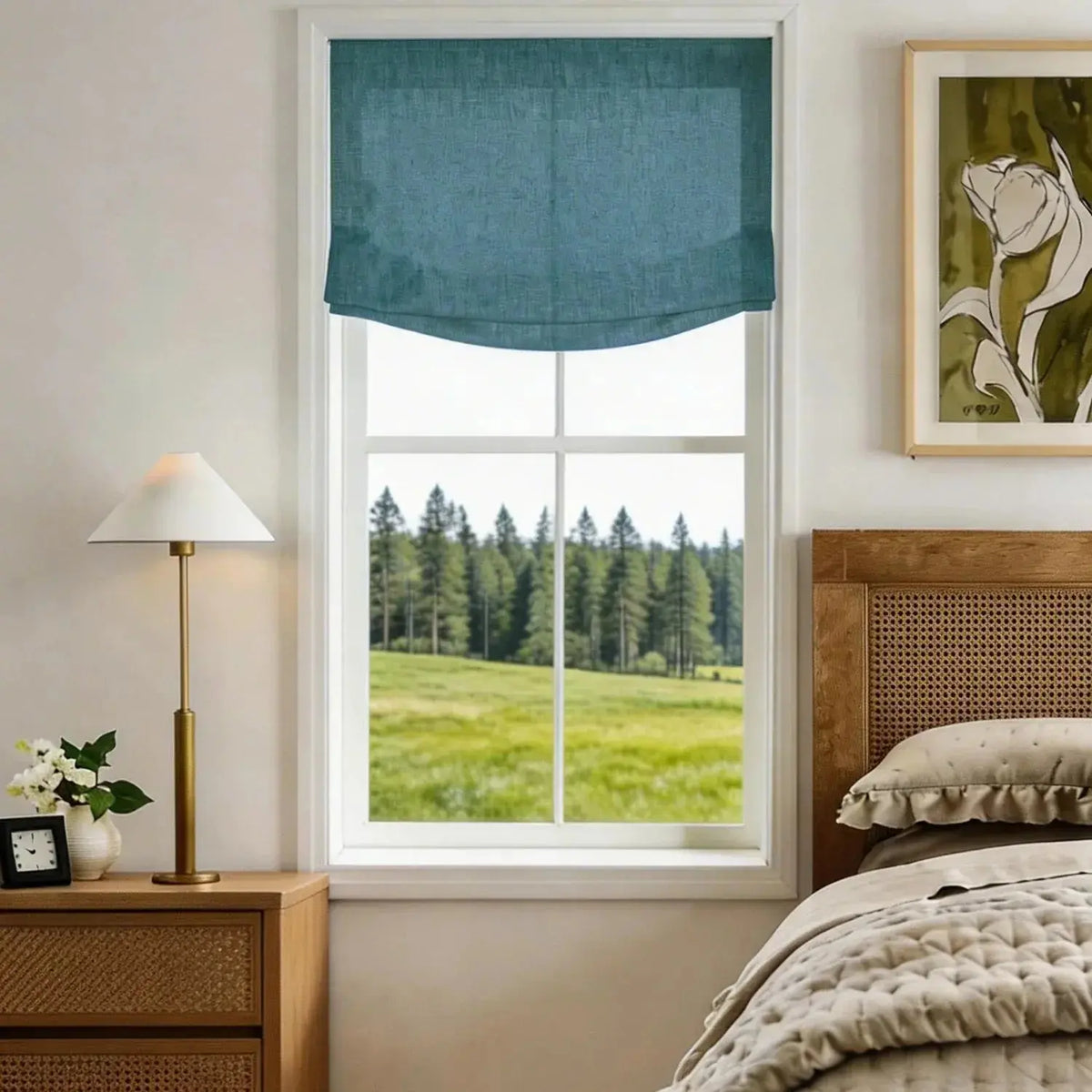 View Tailor Lemon Custom Poly-Linen Wooden-Headrail Cordless Roman Shade Relaxed Fold Aegean Blue 1908-35