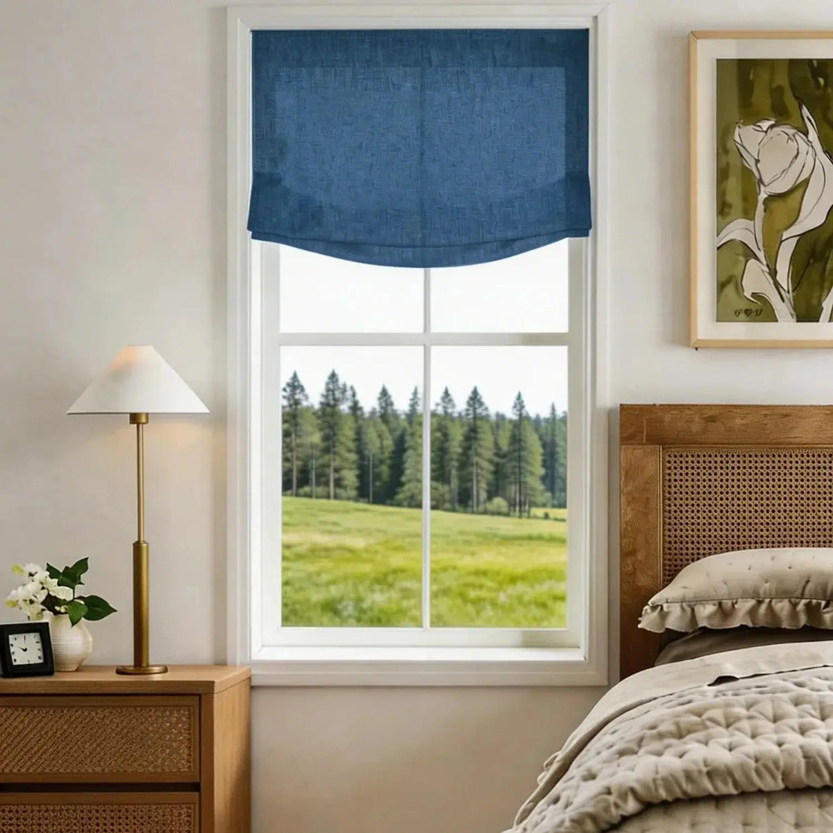 View Tailor Lemon Custom Poly-Linen Wooden-Headrail Cordless Roman Shade Relaxed Fold Navy Blue 1908-36