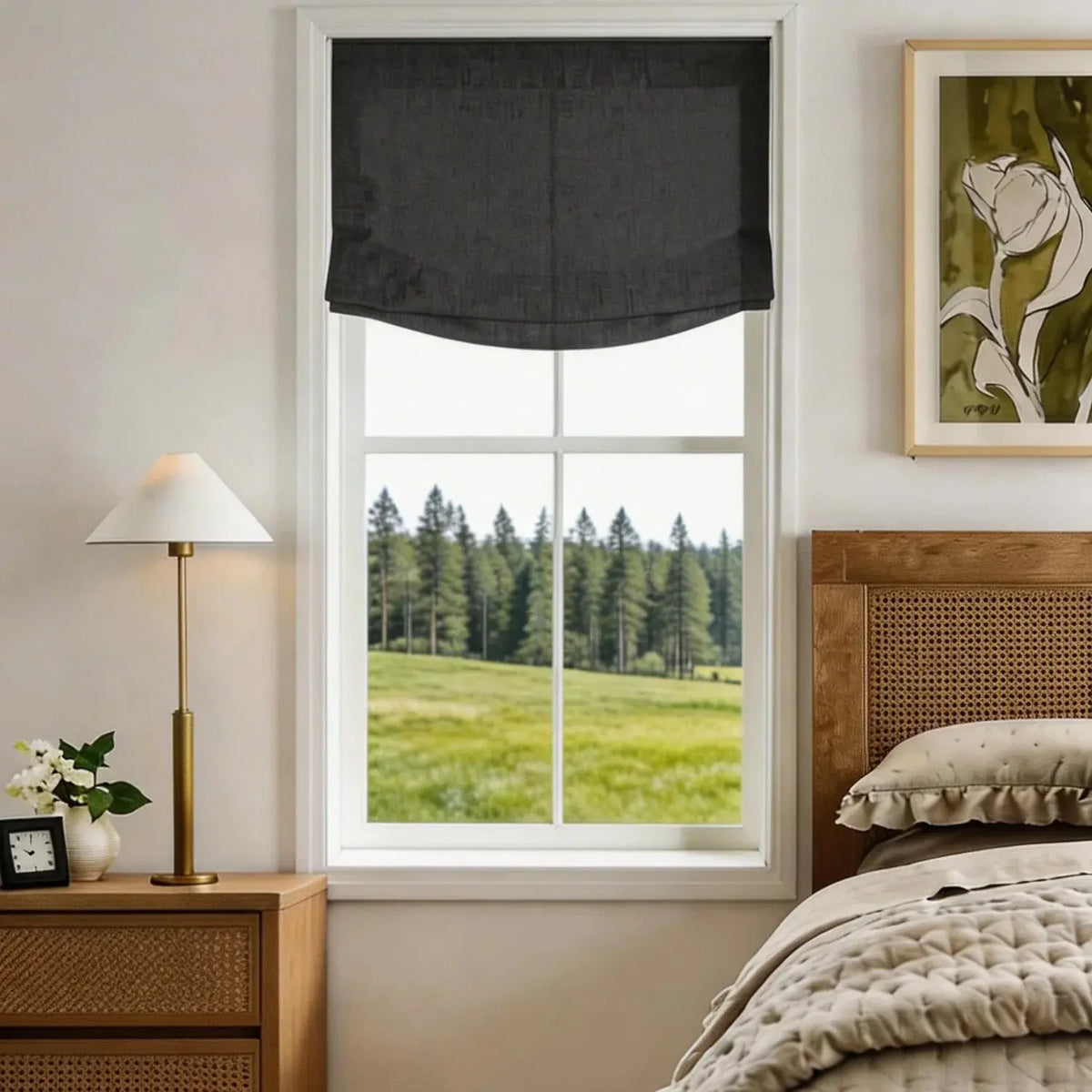 View Tailor Lemon Custom Poly-Linen Wooden-Headrail Cordless Roman Shade Relaxed Fold Black 1908-37