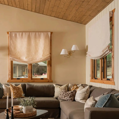View Tailor Lemon Custom Poly-Linen Wooden-Headrail Cordless Roman Shade Relaxed Fold