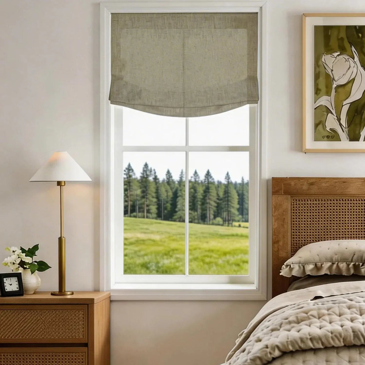 View Tailor Lemon Custom Poly-Linen Wooden-Headrail Cordless Roman Shade Relaxed Fold Taupe Grey 1908-8