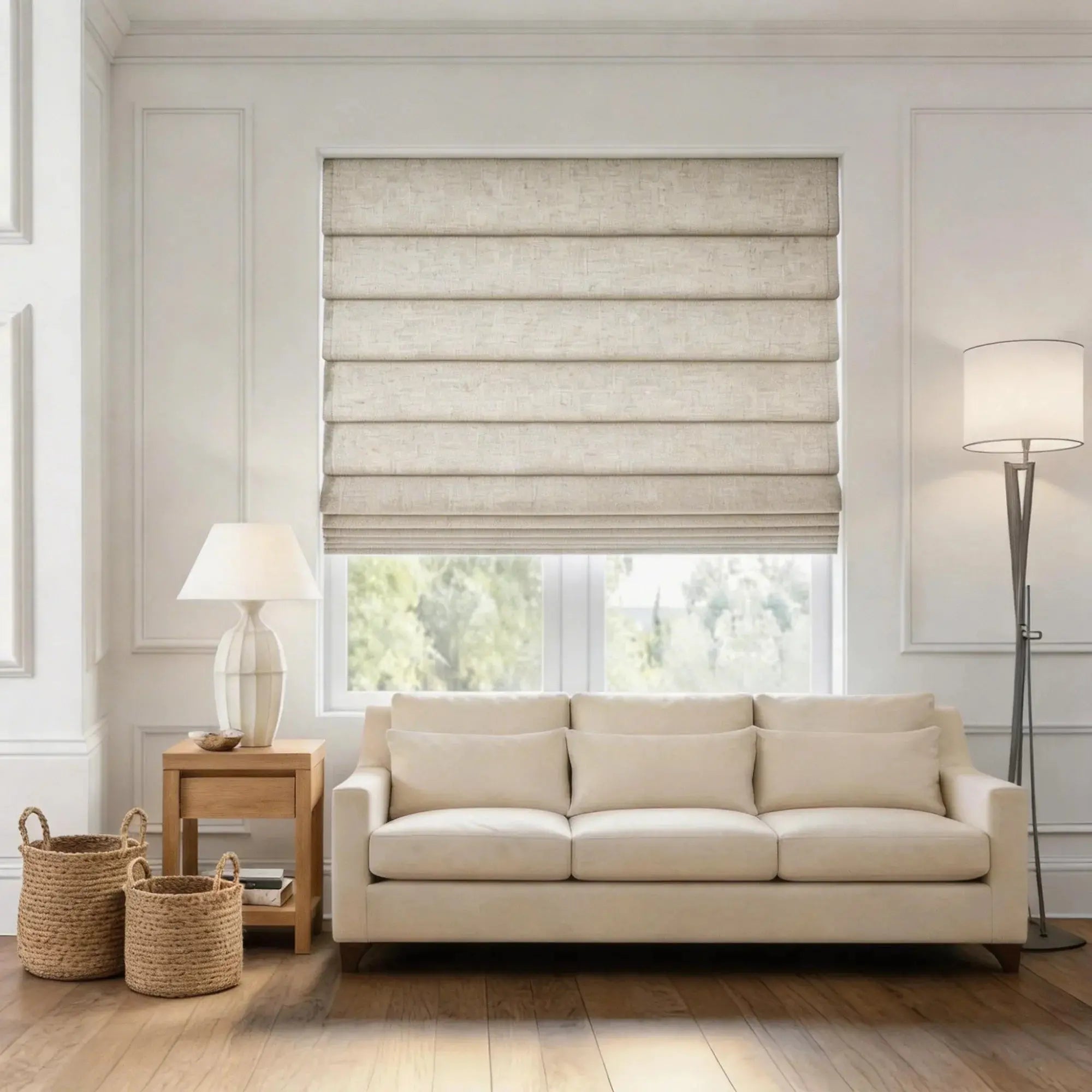 View Tailor Lemon Blackout Thermal Poly-Linen Roman Shade Soft Fold Tapioca 1908-7