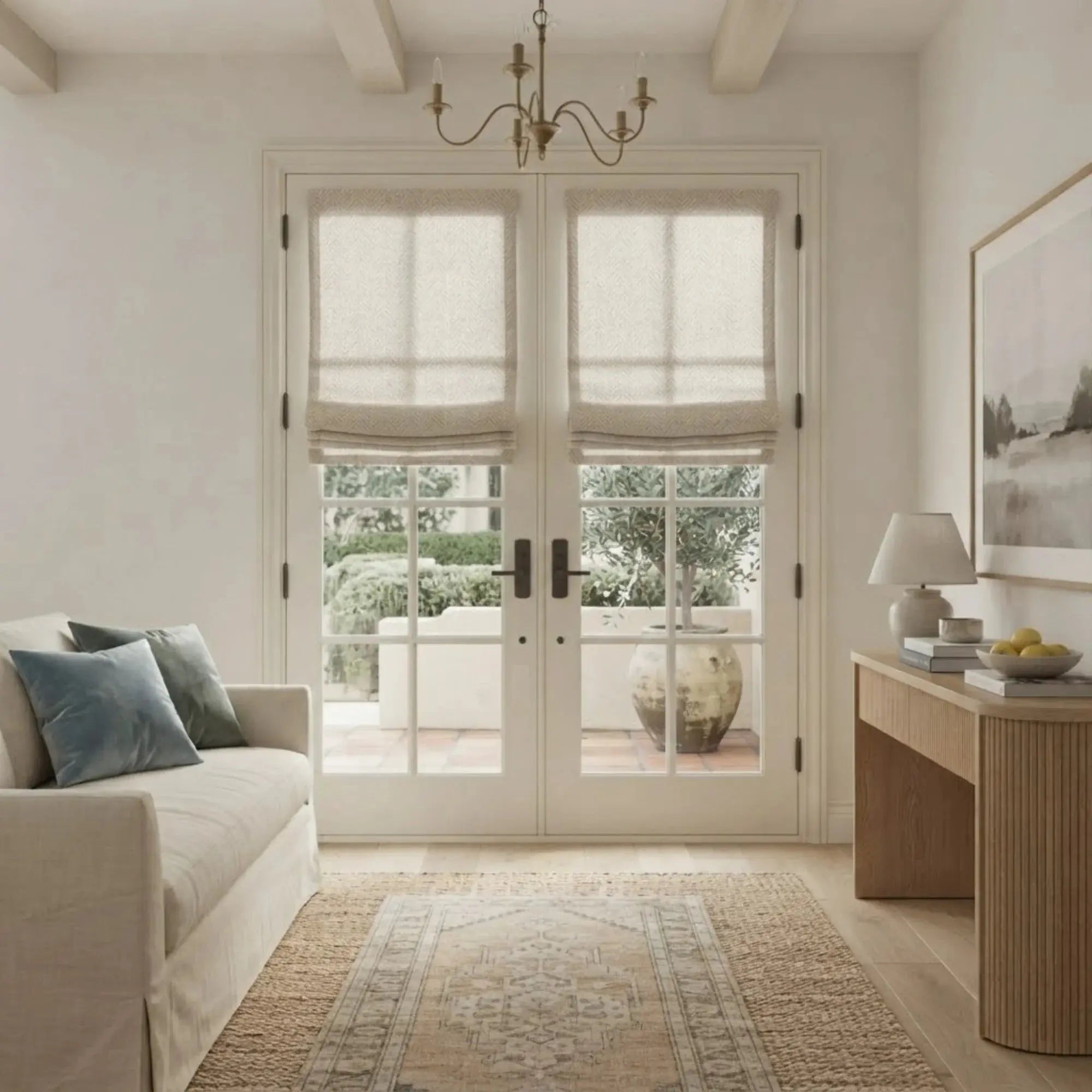 Vigor Blackout Cordless Natural Linen Roman Shade & Blinds for French Door View Tailor