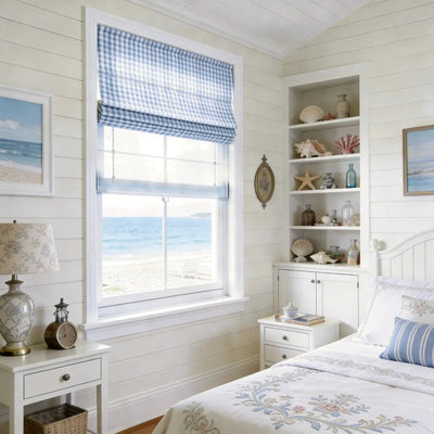 View Tailor Shoreline Check Blackout Soundproof Cotton Roman Shade Day & Night