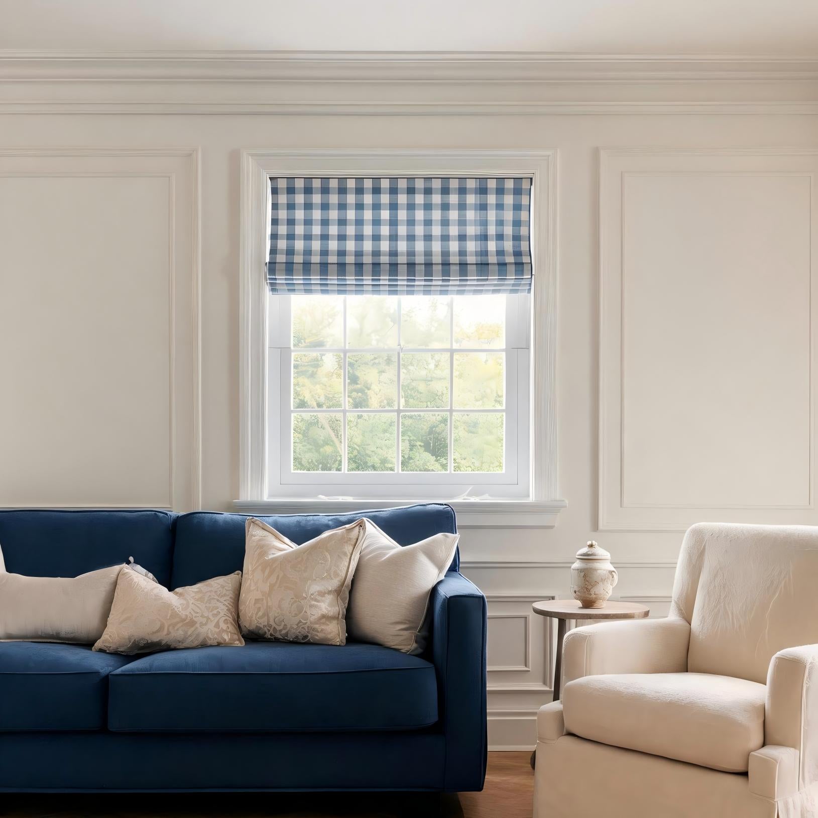 View Tailor Shoreline Check Blackout Soundproof Cotton Roman Shade Day & Night SkyCheck SL-1