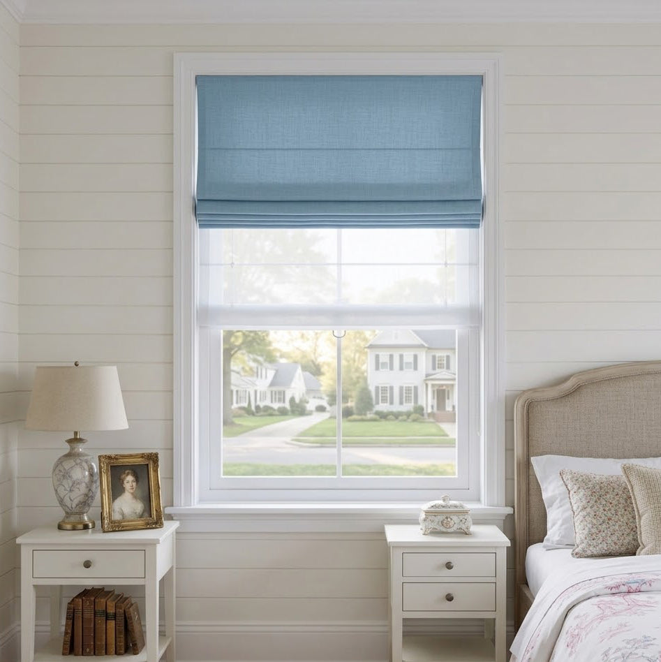 View Tailor Shoreline Tone Blackout Soundproof Cotton Roman Shade Day & Night