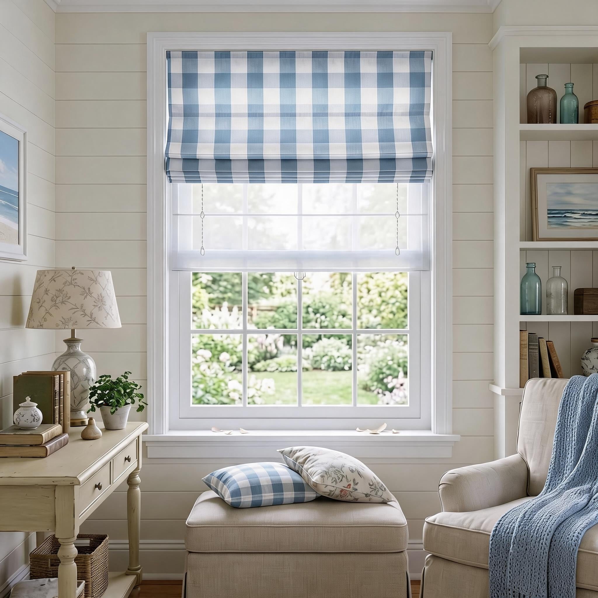 View Tailor Shoreline Grid Blackout Soundproof Cotton Roman Shade Day & Night