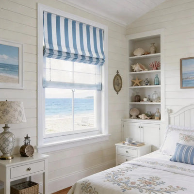 View Tailor Shoreline Stripe Blackout Soundproof Cotton Roman Shade Day & Night SkyStripe SL-9