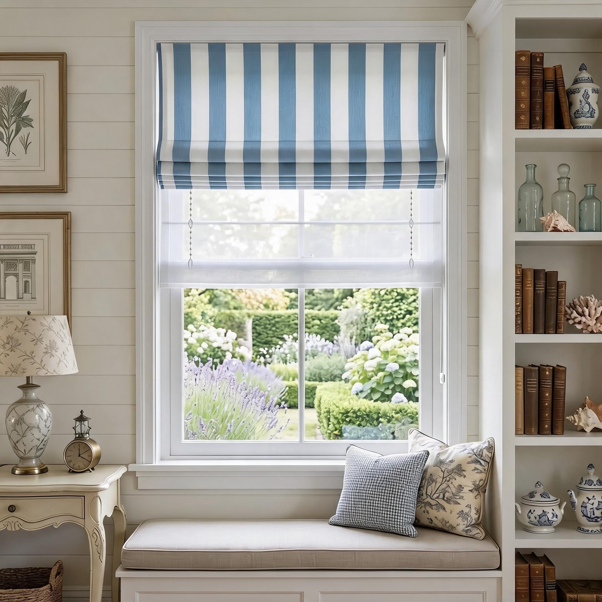 View Tailor Shoreline Stripe Blackout Soundproof Cotton Roman Shade Day & Night