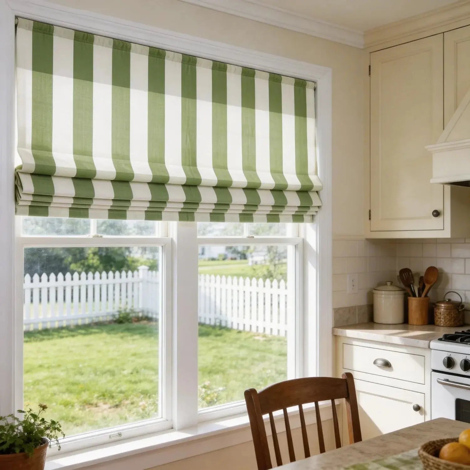 View Tailor Shoreline Stripe Blackout No Drill Cotton Roman Shade Plain Fold MeadowStripe SL-10