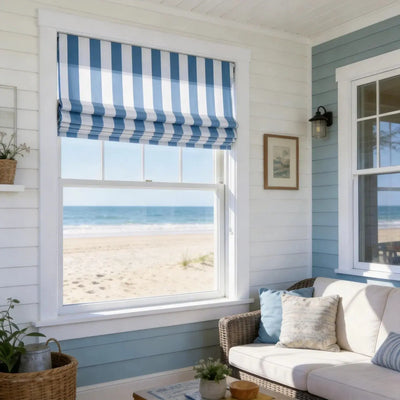View Tailor Shoreline Stripe Blackout No Drill Cotton Roman Shade Plain Fold SkyStripe SL-9
