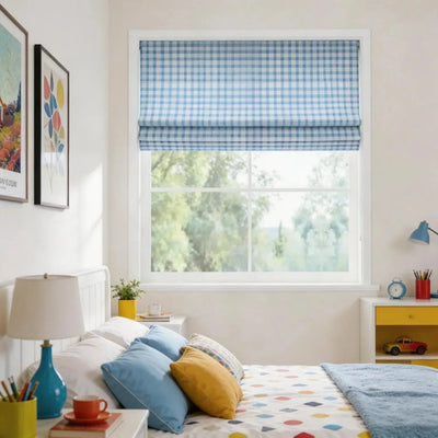 View Tailor Shoreline Check Blackout Cordless Cotton Roman Shade Pleated Fold SkyCheck SL-1