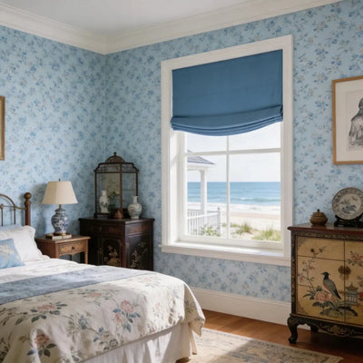View Tailor Shoreline Tone Blackout No Drill Cotton Roman Shade Relaxed Fold SkyTone SL-12