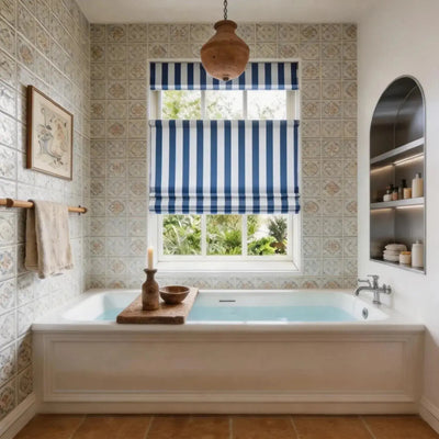 View Tailor Shoreline Stripe Blackout Cordless Cotton Roman Shade Top Down Bottom Up NavyStripe SL-11