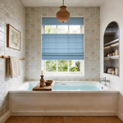 View Tailor Shoreline Tone Blackout Cordless Cotton Roman Shade Top Down Bottom Up SkyTone SL-12