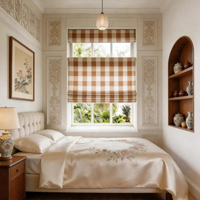 View Tailor Shoreline Grid Blackout Cordless Cotton Roman Shade Top Down Bottom Up SandGrid SL-7