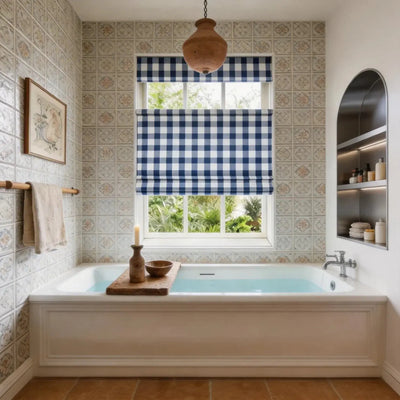 View Tailor Shoreline Grid Blackout Cordless Cotton Roman Shade Top Down Bottom Up NavyGrid SL-8