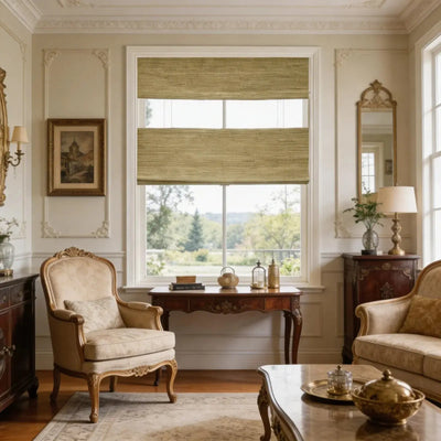 View Tailor Veyra Cordless Blackout Sandy Linen Bamboo Shade