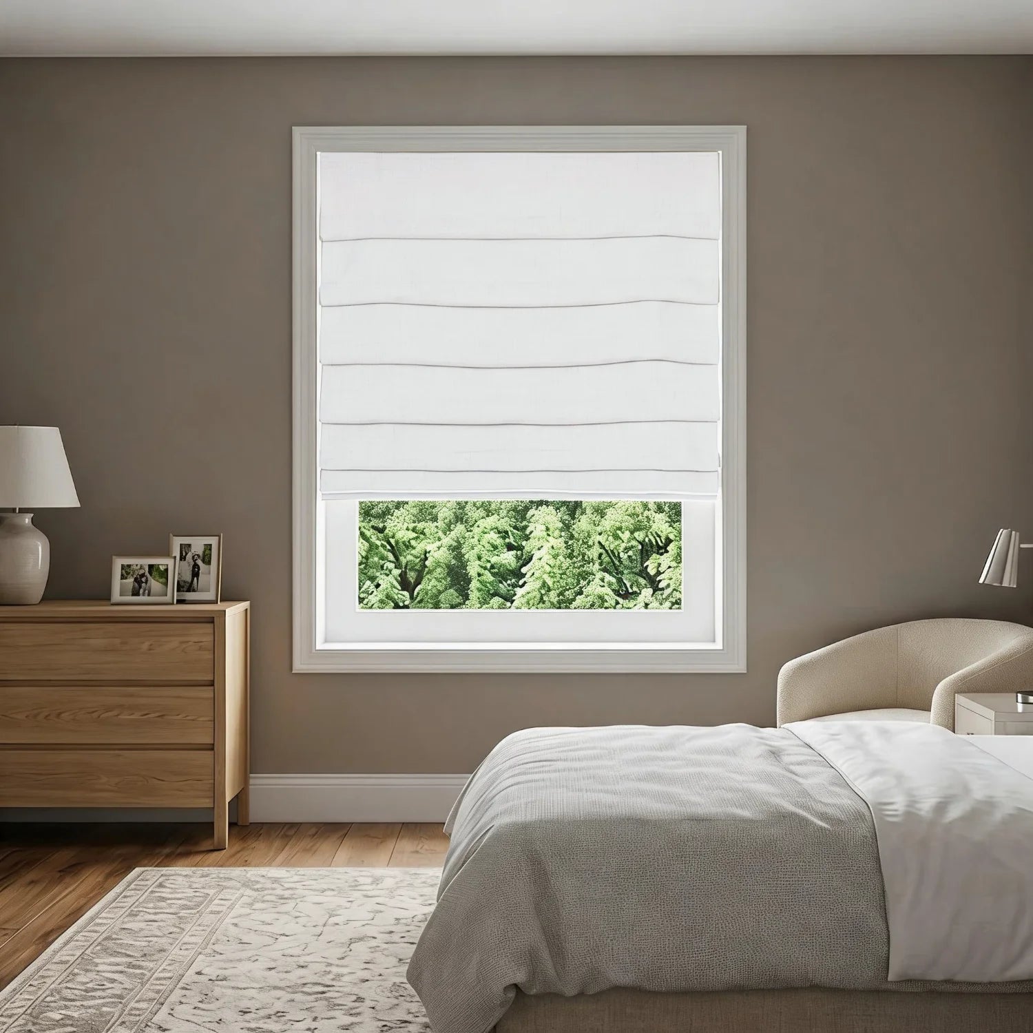 View Tailor Vigor Blackout Thermal Textured Linen Roman Shade Soft Fold Paper White VG-1