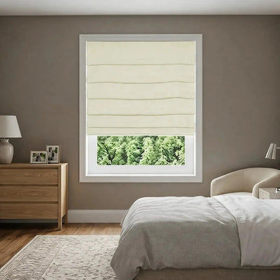 View Tailor Vigor Blackout Thermal Textured Linen Roman Shade Soft Fold Ivory White VG-2