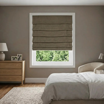 View Tailor Vigor Blackout Thermal Textured Linen Roman Shade Soft Fold Bronze VG-5