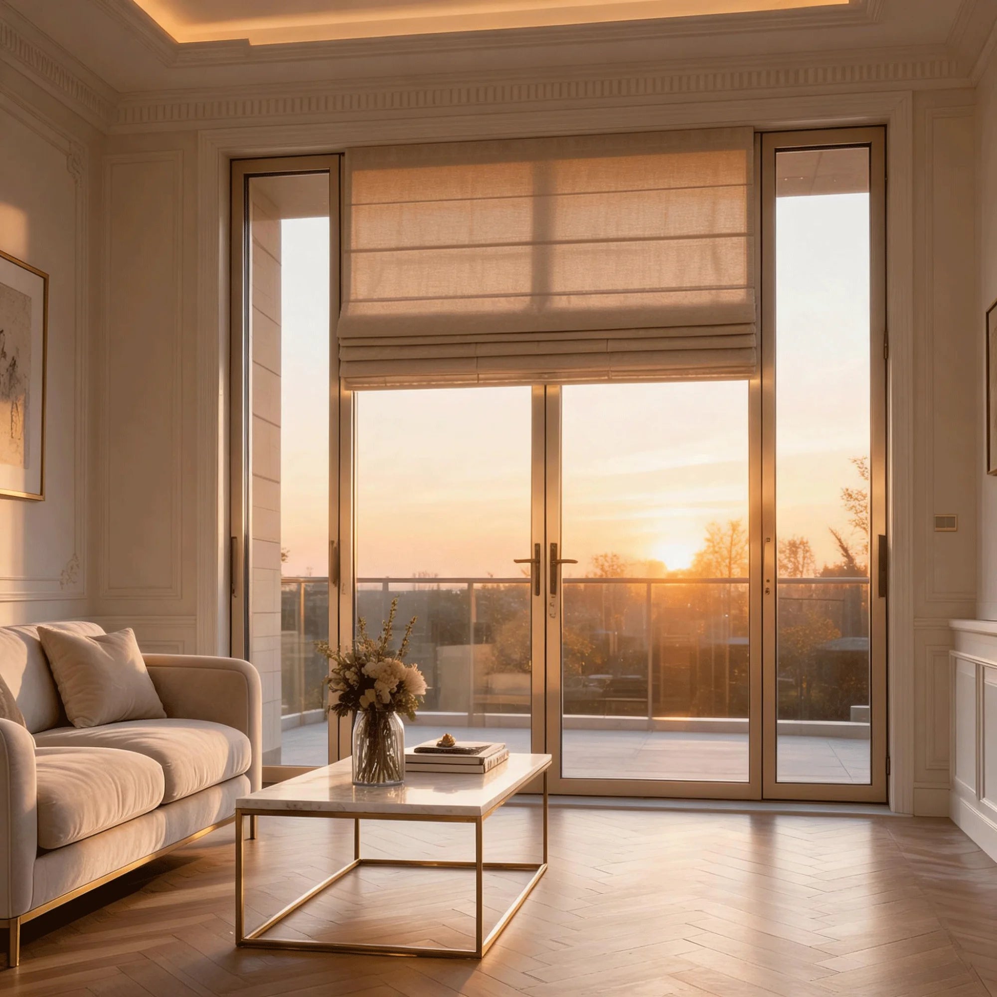 View Tailor Vigor Blackout Cordless Natural Linen Roman Shade & Blinds for French Door