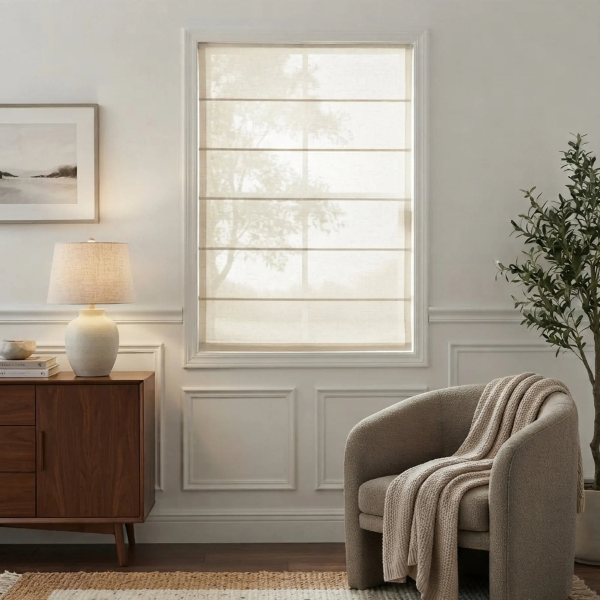 View Tailor Vigor Blackout Cordless Textured Linen Roman Shade Pleated Fold