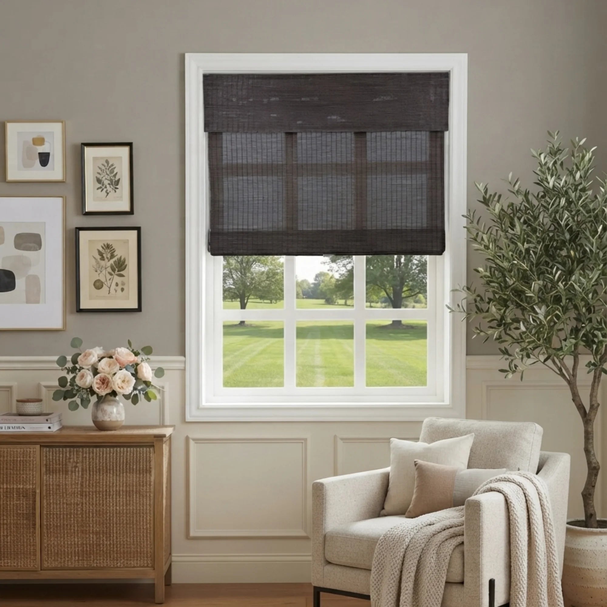 View Tailor Silvan Cordless Blackout Charcoal Reed Bamboo Shade