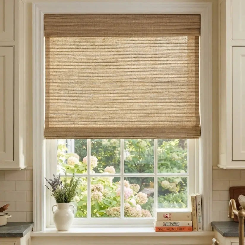View Tailor Veyra Cordless Blackout Sandy Linen Bamboo Shade