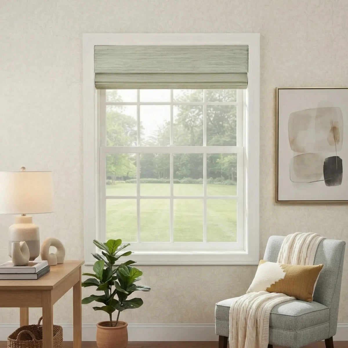 View Tailor Veyra Blackout No Drill Olive Bamboo Shade